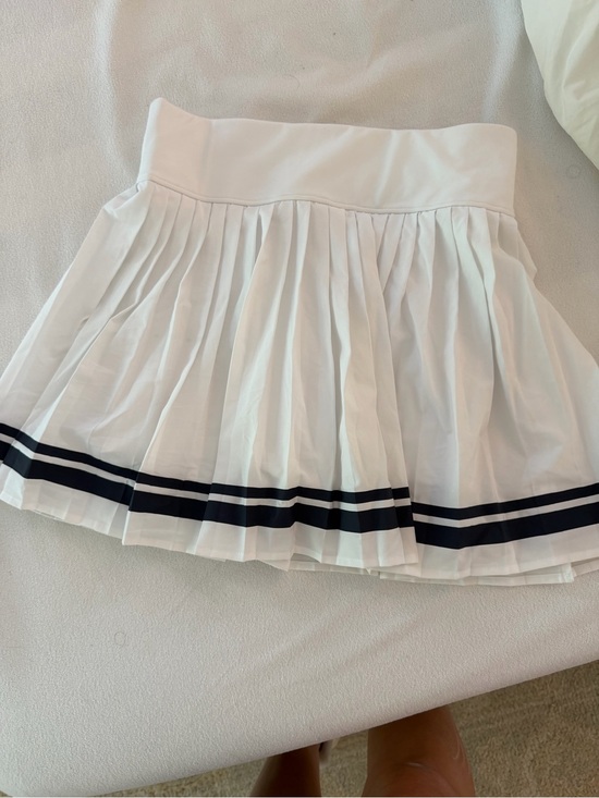 Sincerly Jules Pants - White Pleated Tennis Skirt with Navy Stripes